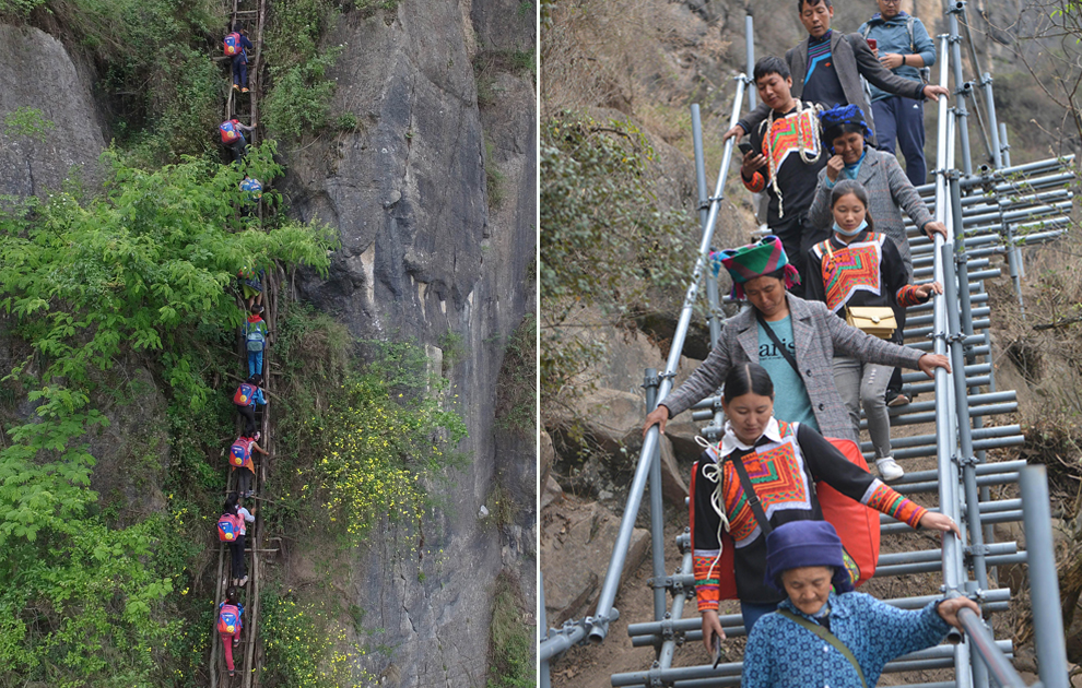 “懸崖村”今昔對(duì)比：左圖為2016年5月14日，孩子們?cè)诩议L(zhǎng)保護(hù)下攀爬木梯回家。右圖為2020年5月13日，昭覺縣支爾莫鄉(xiāng)阿土列爾村村民帶著行李通過鋼梯下山，搬遷至易地扶貧集中安置點(diǎn)的新家。